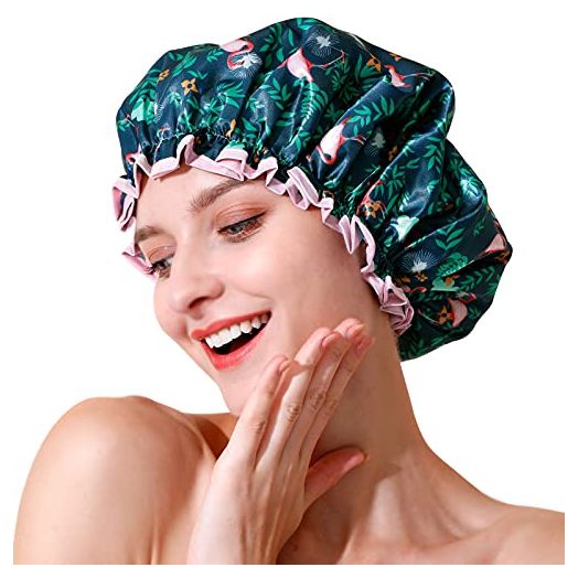 Shower Cap, BEAUTAIL Reusable Bath Shower Caps for Women Long Hair, Double Layer Waterproof Bathing Shower Hat Hair Protector for Kids Girls Men, Flamingo, 1 Pack