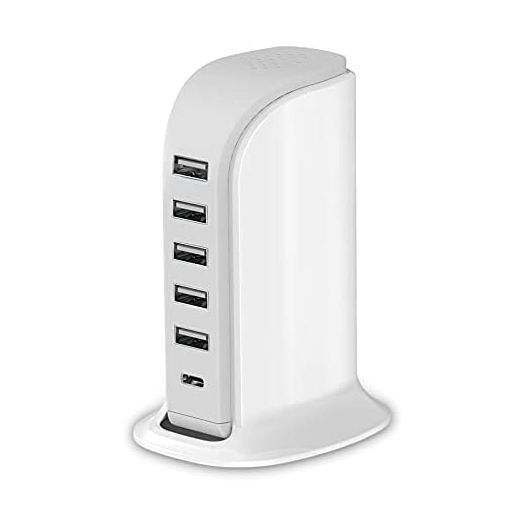 Charging Station for Multiple Devices 40W Upoy, Wall Charger Block 5 USB Ports(Shared 6A), USB Charging Hub Smart IC, Charger Tower with Type-C 3A for iPhone iPad Tablets Smartphones, Home Office Use