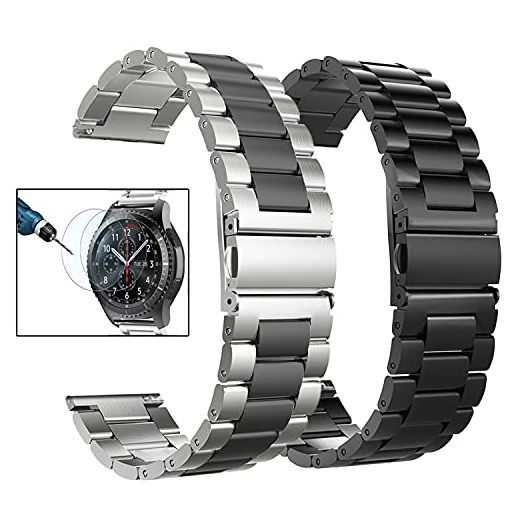 valkit Compatible Galaxy Watch 46mm/Galaxy Watch 3 45mm Bands, 2 Pack 22mm Stainless Steel Solid Metal Wrist Band Business Strap + Screen Protector for Gear S3 Frontier/Classic, Sliver/Black+Black