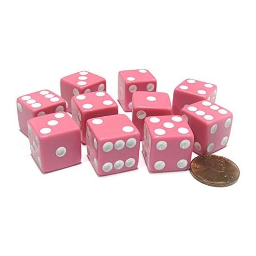 Koplow Games Set of 10 Six Sided Square Opaque 16mm D6 Dice - Pink with White Pip Die