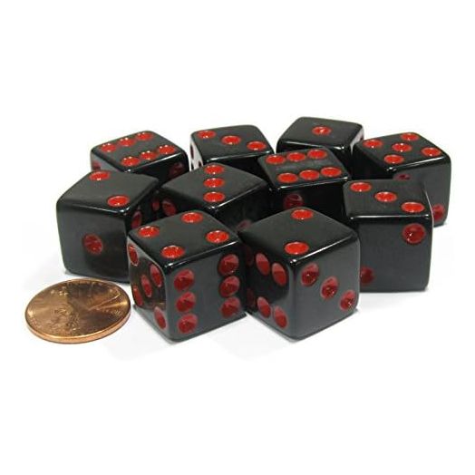 Set of 10 Six Sided Square Opaque 16mm D6 Dice - Black with Red Pip Die by Koplow Games