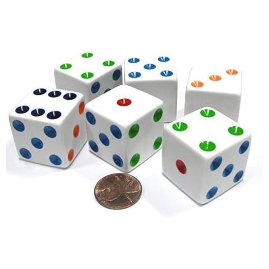 Set of 6 D6 25mm Large Opaque Jumbo Dice - White with Multicolor Pip by Koplow Games