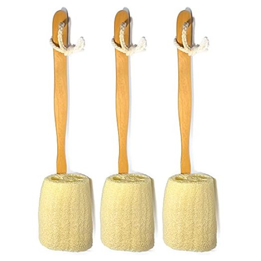 3 Pack Natural Exfoliating Loofah luffa loofa Bath Brush On a Stick - With Long Wooden Handle Back Brush For Men & Women - Shower Sponge Body Back Scrubber
