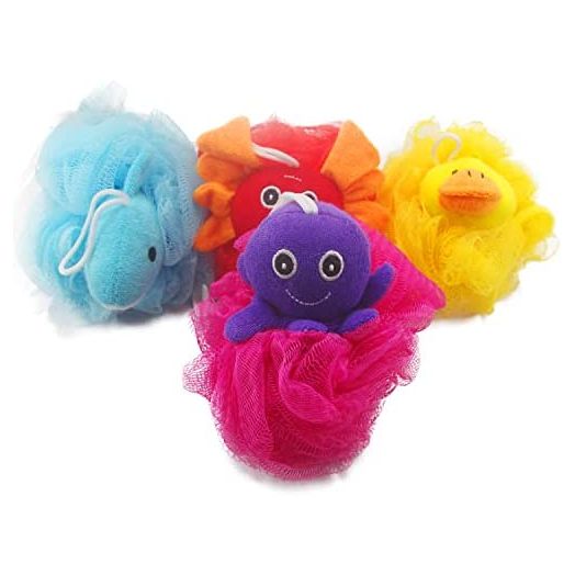 Loofah Exfoliating Shower Stuffed Sponge Pouf Mesh Brush with Animal Toys - Bath Spa Puff Scrubber Ball - Body Poof for Children Kids - Rich Foams Bubble(4.7" Each) Pack of 4