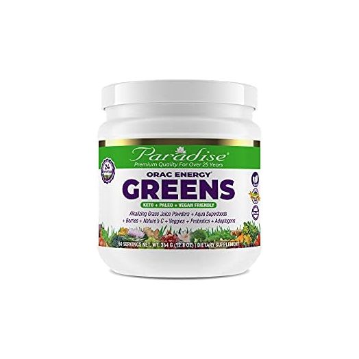 Paradise ORAC Energy Greens | Organic Alkalizing Grass Juice Powder Extracts | Organic Veggies and Berries, Adaptogens & Probiotics | Keto + Paleo + Vegan Friendly Green Superfoods |12.8 Ounces, 60 Servings