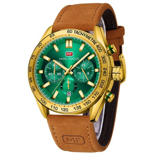Mini Focus Chronograph Quartz Watch for Men Fashion Waterproof Casual Watches with Leather Strap Luminous Wristwatch with Auto Date Brown Gold Green
