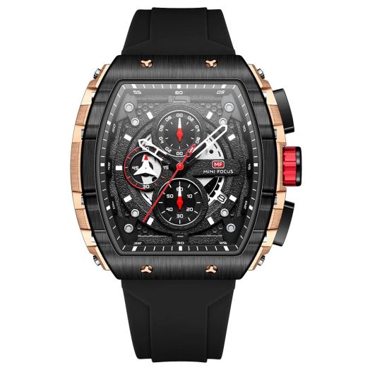 Mini Focus Military Sport Watches for Men Fashion Waterproof Luminous Chronograph Quartz Wristwatch with Auto Date Tonneau Dial Silicone Strap Rose Gold Black