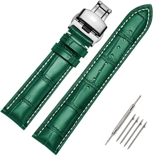 Moran Quick Release Leather Watch Bands Deployment Butterfly Buckle 18mm 20mm 22mm 24mm Blue Black Brown Calfskin Replacement Watch Strap for Men & Women, Green-White-Line-Silver Buckle