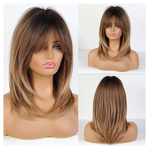 Alanhair Ombre Brown Wigs for Women, HAIRCUBE Shoulder-Length Layered Wigs with Bangs Heat Resistant Synthetic