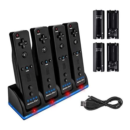 Four Charger Dock for Wii Remote, TechKen Remote Control Charger Docking Station with 4 Rechargeable Batteries from Nintendo Wii Rometo Control