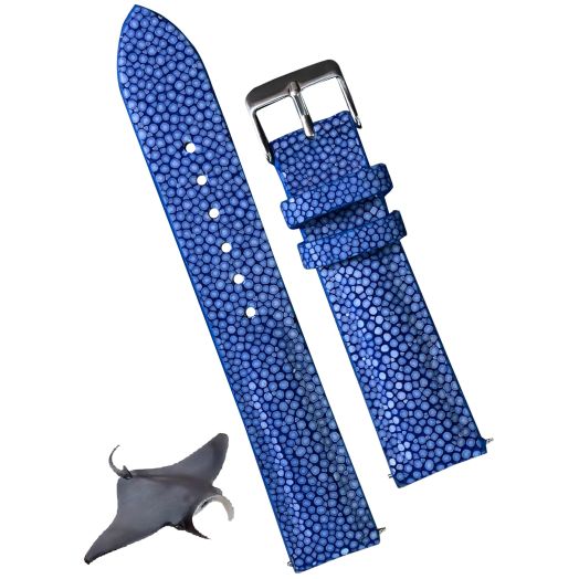 18mm Blue Stingray Leather Watch Band Men Vintage Replacement Wristwatch Strap Silver Tag Buckles DH-63-18MM