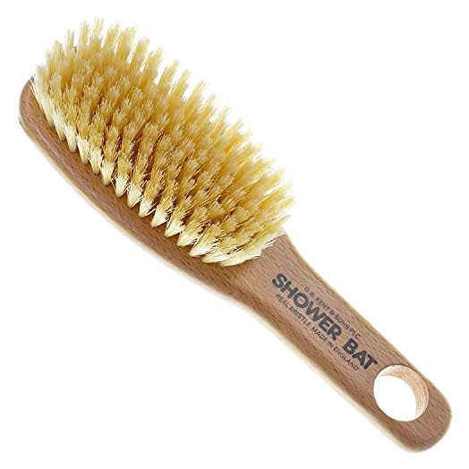 KENT FD6 9" Beechwood Wood Short Handle Shower Bath Body Brush. For Skin Exfoliate & Massage. 100% White Boar Bristles. Best Body, Foot and Leg Scrubber Brushing for Wet and Dry Body. Made in England