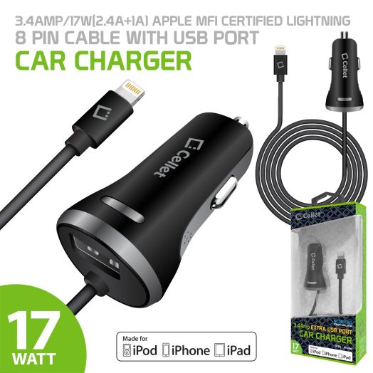 Cellet 3.4 Amp / 17 Watt (2.4A + 1A) Apple MFI Certified Lightning 8 Pin Pin Cable with USB Port Car Charger Compatible to iPhone 13 Pro 13 Pro Max 13 Mini 12 11 SE SX XR Galaxy S21