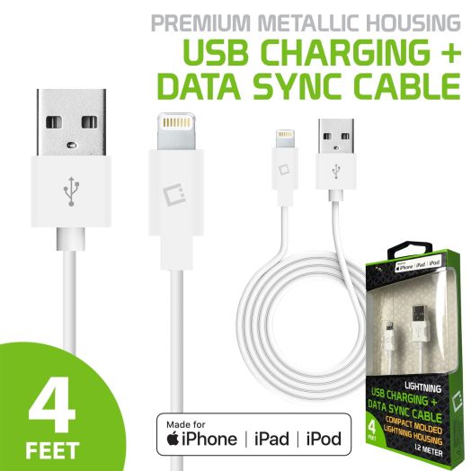 Cellet 4' Lightning 8-Pin to USB Charging Data Sync Cable for iPhone 13/12/11/X/8/7/6/5 Series, + iPad/Airpods/iPod Series