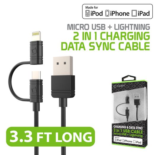 Cellet 2 in 1 Micro USB + Lightning (Licensed by Apple, MFI Certified) Charging/Data Sync Cable for Apple iPhones, iPads, iPods and other Lightning Enabled Devices