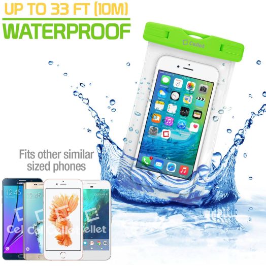 Cellet Universal IPX8 Waterproof Case for Apple iPhone 7 Plus, 6s Plus, Samsung Galaxy S7 edge, Large Smartphones, Digital Cameras, MP3 Players and More - Green