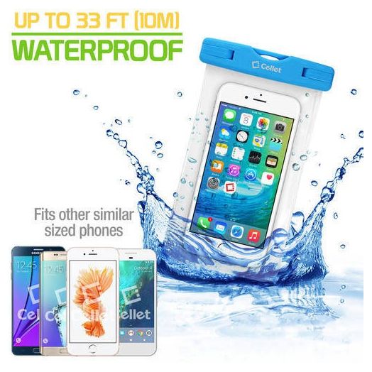 Cellet Universal IPX8 Waterproof Case for Apple iPhone 7 Plus, 6s Plus, Samsung Galaxy S7 edge, Large Smartphones, Digital Cameras, MP3 Players and More - Blue