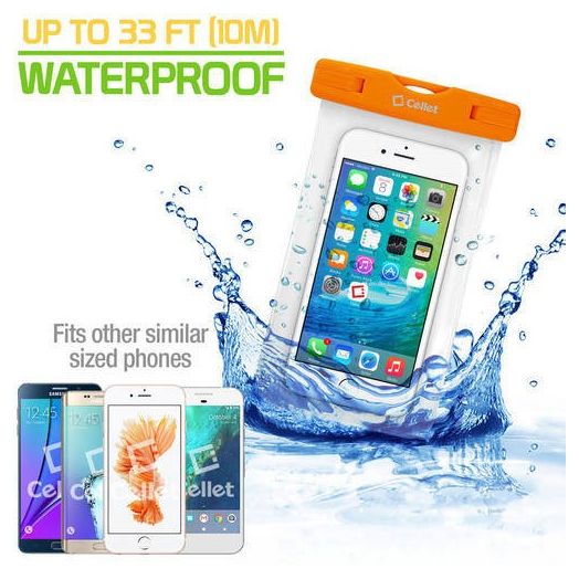Cellet Universal IPX8 Waterproof Case for Apple iPhone 7 Plus, 6s Plus, Samsung Galaxy S7 edge, Large Smartphones, Digital Cameras, MP3 Players and More - Orange