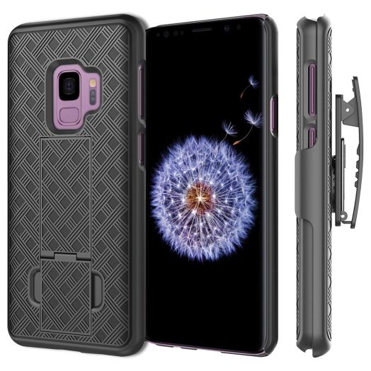 Shell Holster Kickstand Case with Spring Belt Clip for Samsung Galaxy S9 - Black - by Cellet