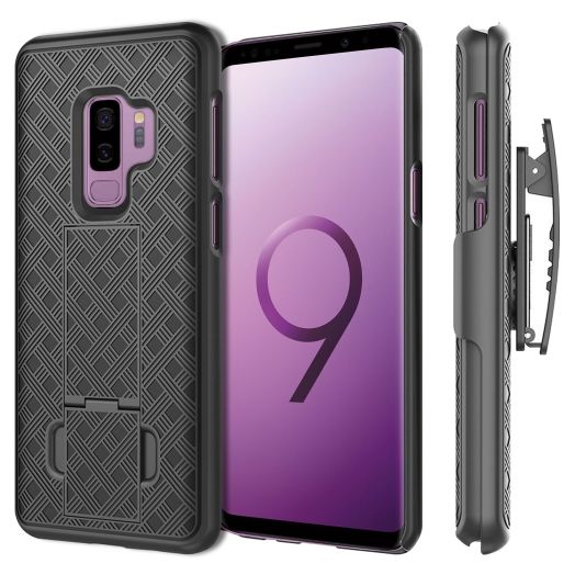 Shell Holster Kickstand Case with Spring Belt Clip for Samsung Galaxy S9 Plus - Black - by Cellet