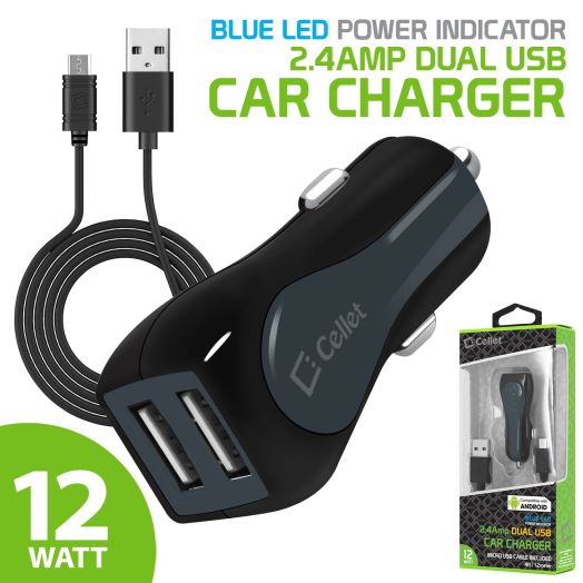 Cellet Fast Charging 2.4Amp output Dual USB Car charger with 4ft long micro USB Cable for LG Aristo, Aristo2, Aristo2 Plus, Enlighten, Optimus Slider, Zip, Exalt LTE, Wine LTE, Fortune 2