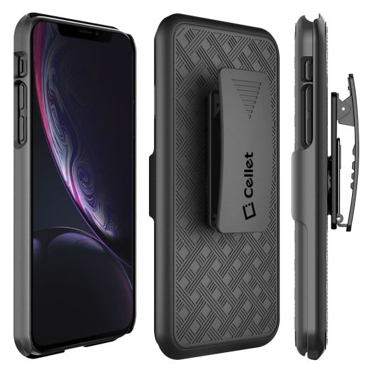 iPhone XR Holster, Shell Holster Kickstand Case with Spring Belt Clip for Apple iPhone XR – Black – by Cellet