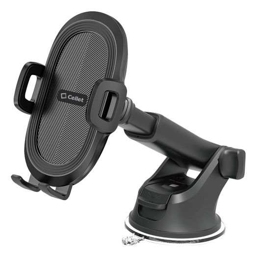 Cellet Windshield/Dashboard Phone Holder Mount with Reusable Sticky Suction Pad, Lock Lever, One Touch Arm release Button 360 Degree Rotating Cradle, Folding and Extendable Arm