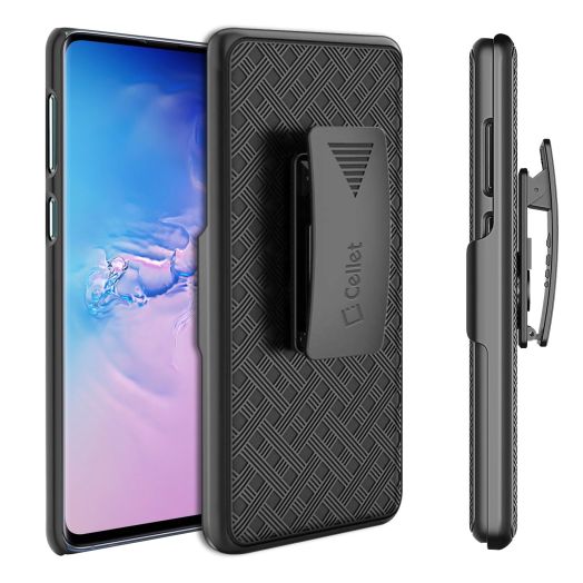 Galaxy S10 Holster, Shell Holster Kickstand Case with Spring Belt Clip for Samsung Galaxy S10 – Black – by Cellet