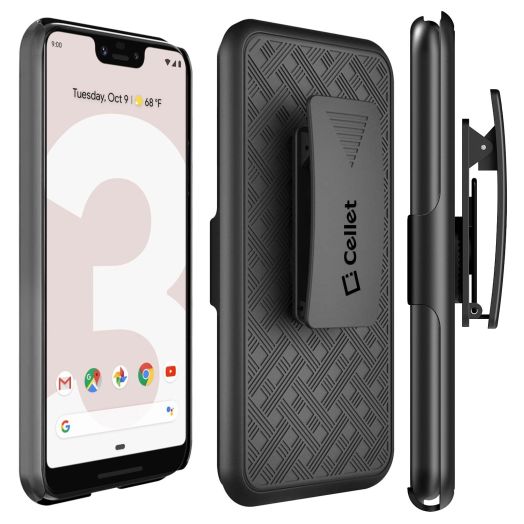 Google Pixel 3 Holster, Shell Holster Kickstand Case with Spring Belt Clip for Google Pixel 3 – Black – by Cellet