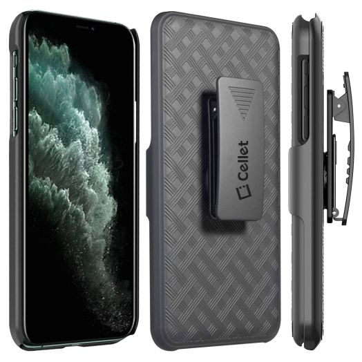 iPhone 11 Pro Max Holster, Shell Holster Kickstand Case with Spring Belt Clip for Apple iPhone 11 Pro Max – Black – by Cellet