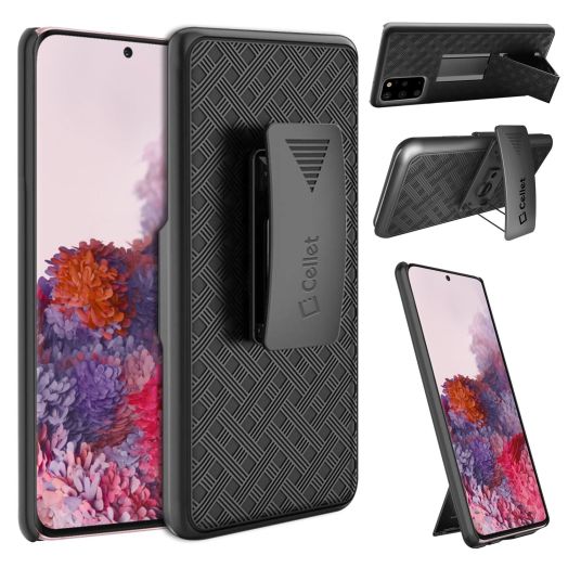 Galaxy S20 Holster, Shell Holster Kickstand Case with Spring Belt Clip for Samsung Galaxy S20 – Black – by Cellet