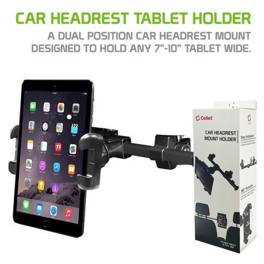 Cellet Headrest Tablet/Smartphone Holder, Universal Headrest Tablet/iPad and Phone Mount Holder with Extendable Telescopic Arm & 360 Degree Rotation for Smartphones, iPads & Tablets (Fits up to 10”) - Black