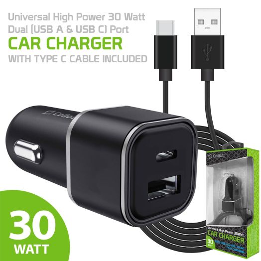 Dual USB Car Charger, Universal High Power 30 Watt Dual (USB A & USB C) Port Car Charger with Type C Cable Included Compatible to iPhone 13 Pro, 13 Pro Max, 13 Mini, Samsung Galaxy Z Fold3
