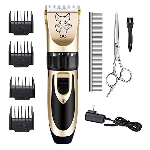 Dog Grooming Kit Clippers, Low Noise, Electric Quiet, Rechargeable, Cordless, Pet Hair Thick Coats Clippers Trimmers Set, Suitable for Dogs, Cats, and Other Pets (Gold)
