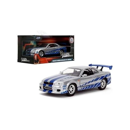 Jada Toys Fast & Furious 1:32 Brian's Nissan Skyline GT-R R34 Die-cast Car Silver/Blue, toys for kids and adults