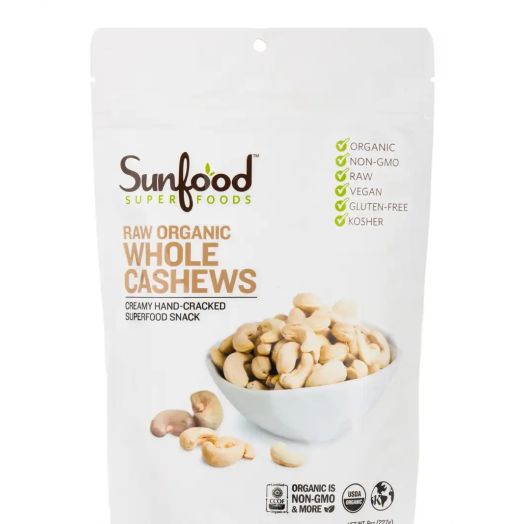 Sunfood Whole Cashews, Raw Organic - 8 oz (227 Grams)