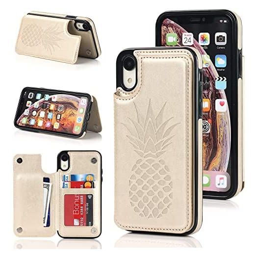 Acxlife iPhone XR Case XR Card Credit Holder Wallet Protective Cover with Card Slot and Leather Case for iPhone XR 6.1Inch (Gold)