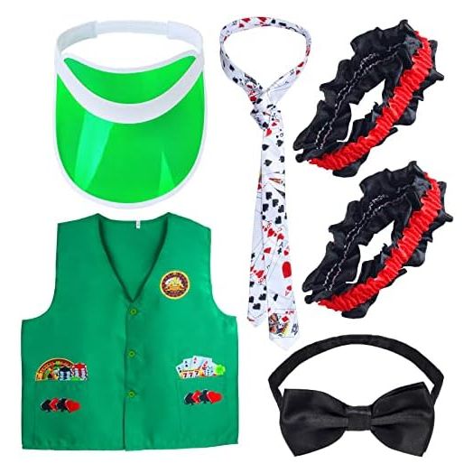 Casino Dealer Vest Set Dealer Visors Hat Bowtie Playing Card Tie Armband for Las Vegas Birthday Game Night Party Favors Supplies