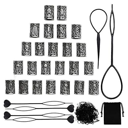 24 PCS Viking Hair Beads Beard Hair Beard Beads 6 PCS Pull Hair Pin Quick Beader 100 PCS Black Rubber Bands