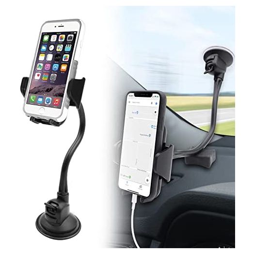 Macally Windshield Phone Mount for Car, Super Strong Suction Cup Phone Holder for Truck - Universal Gooseneck Window Phone Mount for Car, Compatible with iPhone, Samsung, Cell Phone, Android, Mobile