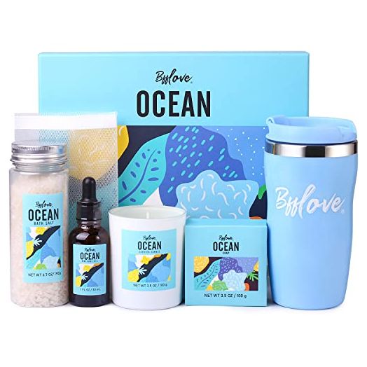 Spa Gift for Women,Ocean Scent Bath Gift Set,6PC Spa Gift Box include Scented Candle,Massage Oil,Travel Mug,Soap,Bath Salt & Bubble Net,Birthday Gift for Women/Men Unique,Pamper Spa Bath Set for Her