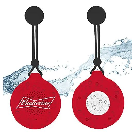 Budweiser Hanging Shower Speaker - HD Quality Sound - Durable & Splash Proof - Built in Microphone - Perfect for Showers & Baths - Rechargeable Battery