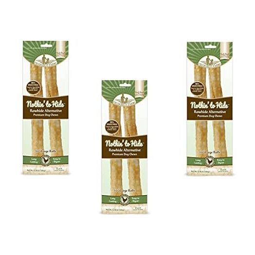 Nothing to Hide Natural Rawhide Alternative Large 10'' Rolls for Dogs - 3 Pack (6 Chews) Premium Grade Easily Digestible Chews - Great for Dental Health by Fieldcrest Farms