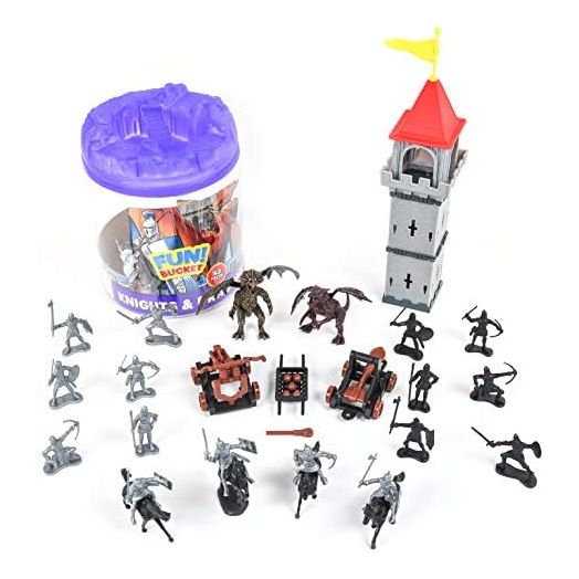 Sunny Days Entertainment Knights and Dragons Figures in Bucket – 42 Assorted Soldiers and Accessories Toy Play Set for Kids, Boys and Girls | Plastic Fantasy Figurines with Storage Container