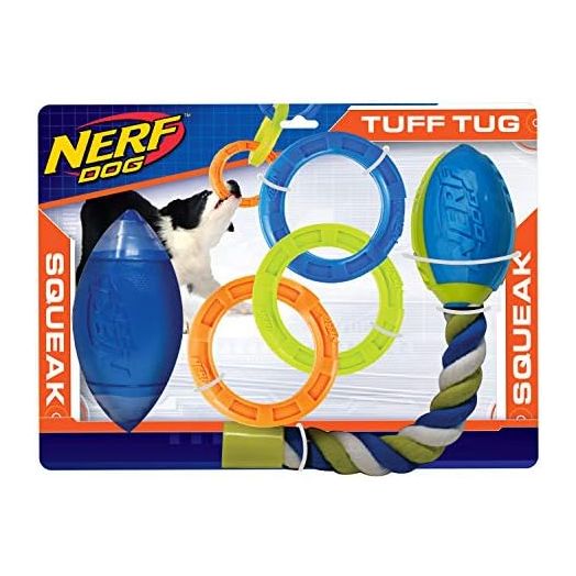 Nerf Dog 3-Piece Dog Toy Gift Set, Includes 7in TPR Classic Squeak Football, 10.5in TPR 3 Ring Tug, and 14.5in TPR 2-Part Nitro Blitz Squeak Football with Rope Tail, Nerf Tough Material, Multicolored