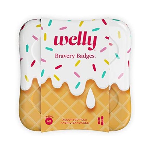 Welly Bandages | Adhesive Flexible Fabric Bravery Badges | Assorted Shapes for Minor Cuts, Scrapes, and Wounds | Colorful and Fun First Aid Tin | Ice Cream Patterns - 48 Count