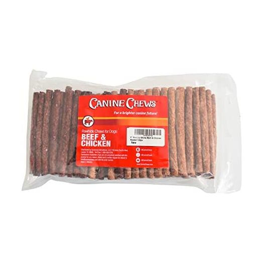 Canine Chews 5" Munchy Rawhide Sticks for Small Dogs Munchy Dog Treat Sticks 100 Pack (Beef & Chicken)