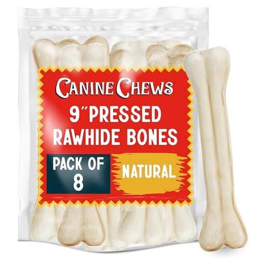 Canine Chews Pressed Rawhide Bones for Large Dogs - 9" Long Lasting Dog Chews - Compressed Beefhide Large Dog Chew Bones - Chew Toy Dog Bones - Raw Hide Bones Dog for Aggressive Chewers (9 inch, 8pk)