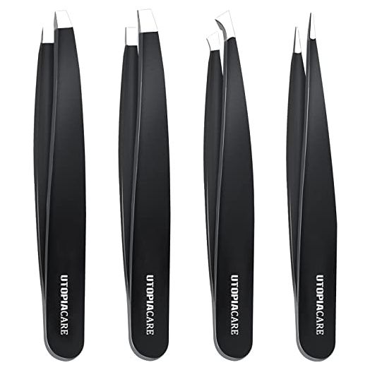 Utopia Care - Professional Stainless Steel Tweezers Set (4-Piece) – Precision Tweezers for Ingrown Hair, Facial Hair, Splinter, Blackhead and Tick Remover (Black)