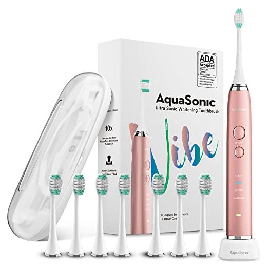 AquaSonic Vibe Series Ultra Whitening Toothbrush – ADA Accepted Electric Toothbrush - 8 Brush Heads & Travel Case - Ultra Sonic Motor & Wireless Charging - 4 Modes w Smart Timer – Satin Rose Gold